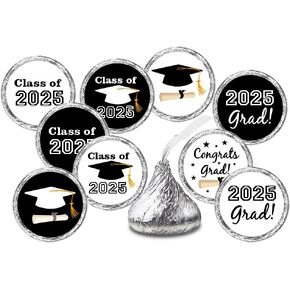 216 New Graduation Party Cap Class of 2025 Favor Kisses Stickers Labels Stickers. Grad Party Favor Decorations. Made in USA (Black)