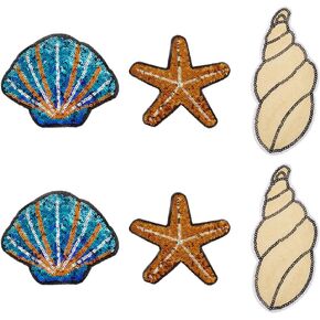 FINGERINSPIRE 6pcs Starfish Shell Conch Shape Sequin Applique Glitter Starfish Iron on Patches Conch Hot Glue Cloth Patches Sew On Sequined Patch for Clothing Repair Decoration and DIY Craft Accessory