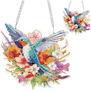 GHHKUD Hummingbirds Diamond Painting Pendant Ornament for Adults Double Sided, Flowers Diamond Art Hanging Pendant, DIY Special Crystal Diamond Gem Painting Board Kit for Window Home Decor