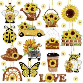 15 Pcs Diamond Art Keychains 5d Diamond Painting Keychain DIY Diamond Ornaments Kits Pendant for Kid Adult(Yellow Brown Sunflower)