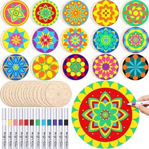 Wonderjune 42 Pcs Wooden Mandala Painting Set 30 Mandala Unfinished Wood Cutouts with 12 Markers Mandala Painting Kits for Adults Mandala Wood Slices for Painting DIY Crafts Home Decors