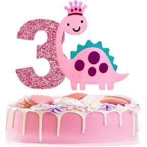 Beoxagar Baby Girl Pink Dinosaur Cake Topper ، Dinosaur 3rd Cake Topper ، Dinosaur 3 Years Birthday Party Supplies. in Kuwait