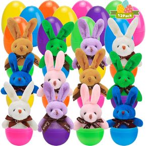 12 Pack Prefilled Easter Eggs with Stuffers Plush Rabbit Toys for Easter Egg Hunt, Easter Basket Stuffers Fillers, Easter Party Favors, Easter Classroom Prize Supplies