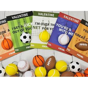 Sport Stress Ball Valentines Day Gifts for Kids Classroom -30 Pack,Mini Foam Ball Toy with Keychain & Exchange Cards for School Toddlers,Valentines Goodie Bag Stuffer Class Treat Prize for Boys Girls