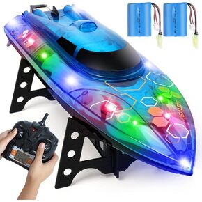 RC Boat - قارب التحكم عن بُعد مع ضوء LED للمسابح والبحيرات ، وقوارب RC ذاتية 2.4 جيجا هرتز للبالغين والأطفال مع بطارية قابلة للشحن ، إنذار بطارية منخفضة ، 25 كم/ساعة ، الأزرق