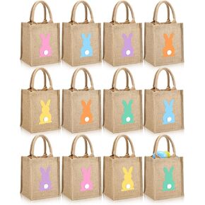 GliCraft 12 Pack Easter Burlap Gift Bags Large Bunny Jute Bags with Handle and Waterproof Lining Reusable Burlap Tote Bag for Kids Egg Hunt Game Spring Easter Party Supplies, 8''x10''x6''