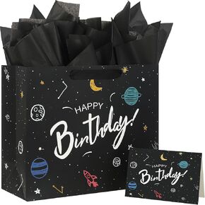 Yusenguan 13" Black Happy Birthday Gift Bag with Tissue Paper, Greeting Card and Handles for Men Boys Kids Birthday (Black Starry Sky, Unisex)