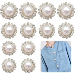 Pearl Buttons Gold Retro Vintage Diamond Pearl Acrylic Buttons Round Shape Pearl Buckles 12pcs Pearl Button Covers for Women White Decorative Buttons for Dresses, Shirts, DIY Crafts