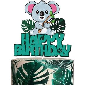 Koala Happy Birthday Cake Topper Blue Glitter Wild Animal Theme Cake Decorations Zoo Jungle Animal Koala Bear Themed Birthday Party Supplies