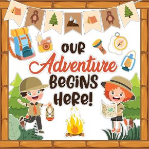 Decorably 65 Pcs Cutouts Camping Bulletin Board Decorations Set with Borders, Camping Decorations for Classroom - School, Homeschool