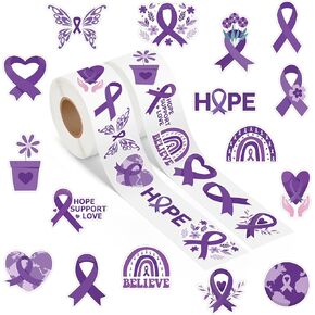 A1diee Purple Ribbon Awareness Sticker - 1000Pcs in 2 Rolls Alzheimer Suicide Prevention Domestic Violence Breast Cancer Lupus Health Awareness Sticker with 16 Patterns Vinyl Waterproof Decorations