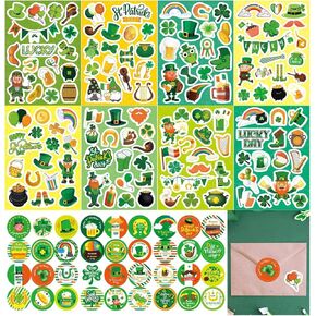Cerlaza Self-Adhesive St.Patricks Day Stickers, Shamrocks Clover Stickers for Kids St.Patricks Day Party Supplies, St.Patricks Day Decorations with Beer Gold Coin Flag for Party Favors- 24 Sheets