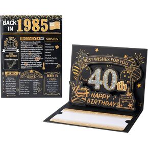 HOMANGA 40th Birthday Card, 3D Pop Up 40th Birthday Card for Men Women, Back in 1985 Card with Envelope, 40th Birthday Gifts for Men, Women, Husband, Wife (Black Gold)