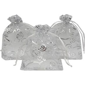 100pcs Sheer Organza Favor Bags For Wedding Baby Shower Rattan Print Gift Bags Samples Display Drawstring Pouches (3.5x4.5, silver)