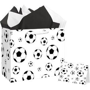 Jiaoiudi Soccer Party Bags with Tissue Paper Greeting Card Soccer Goodie Bags Large Soccer Gift Bags with Handles