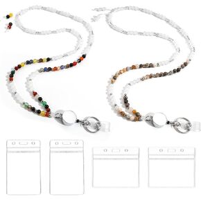 2Pcs Retractable Lanyards for ID Badges and Keys,Natural Stone Beaded Teacher Lanyard with Id Holde Neck Lanyard for ID Badges for Women Lanyards for Eyeglasses(Green and Purple)