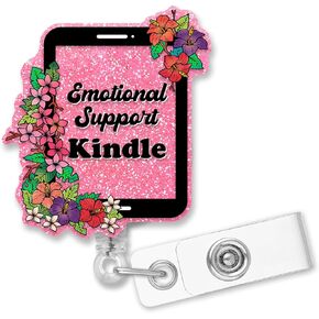 Retractable Emotional Support Kindle Badge Reel with Alligator Clip, Funny Pink Glitter Foral Kindle Badge Holder Gift for Doctors Nurses Reading Lover Librarian Teacher Students Office Worker