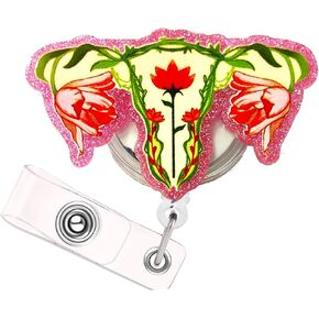 Floral Uterus Badge Reel - Labor and Delivery Badge Reel Retractable OBGYN Nurse Holder with Swivel Alligator Clip for Ovary OB Pediatric Gynecology Nursing L&D Midwife Medical Worker