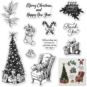 Merry Christmas Silicone Clear Stamps, Christmas Tree Gift Clear Rubber Stamps Happy New Year Christmas Words Clear Stamps for Card Making Christmas Crafts Scrapbooking Album Paper Stamps Decoration
