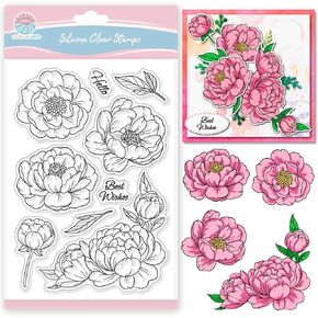 GLOBLELAND Peony Flower Clear Stamps for Scrapbooking Floral Leaves Silicone Stamps Greetings Words Transparent Stamp for Card Making DIY Embossing Journaling