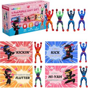 Valentines Day Gifts for Kids, 28 Pack Ninja Sticky Stress Relief Tricky Toys with Valentines Greeting Cards for Kids Classroom, Kids Valentines Exchange Gifts ideas Preschool Valentine Gifts favors