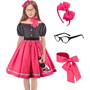 Kids 50s Poodle Skirt for Girls Sock Hop Outfits 1950s Costume with Accessories for Easter Party 3-9Y
