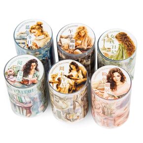 Alideco 6pcs Decorative Adhesive Tapes Coffee Reading Themed Girls PET Tape Great for Bullet Journal Supplies, Arts, Scrapbook, DIY Crafts, Planners (yuedushiguang)