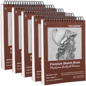 TKOOFN 9" x 12" Sketch Book, Pack of 5, 500 Sheet Top Spiral Bound Premium Sketchbook Drawing Pads(73lb/120gsm), Acid-Free Painting Paper for Adults Kids Artists Beginners