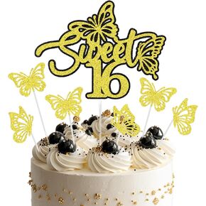 Sweet 16 Cake Topper ، Black Happy 16th Cake Topper for Girls ، عيد ميلاد يبلغ من العمر 16 عامًا لحزب اللمعان اللوازم