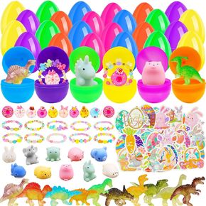 Rileryan 30 Pack Prefilled Easter Eggs Bulk Filled with 90 PCS Various Fillers Dinosaurs Glow in The Dark Easter Egg Hunt Basket Stuffers