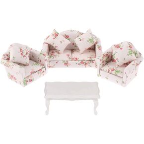 مجموعة أثاث Dollhouse 3 PCS 1:12 Dollhouse Miniature Wooden Sofa Cushions Charchair Pillow Pillow Dolls House Furniture Couch مع 1 PC Dollhouse Table Coffee Table (A)