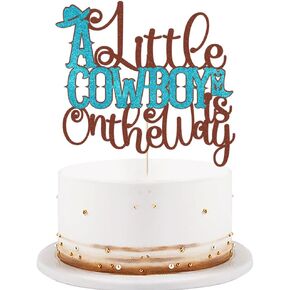 A Little Cowboy على الطريق Topper ، Wild Western Cowboy Baby Shower Cake Topper ، مزرعة زخرفة حفلة ، زخارف كعكة دش رعاة البقر ، حفلة استحمام الطفل الغربية (الأزرق)