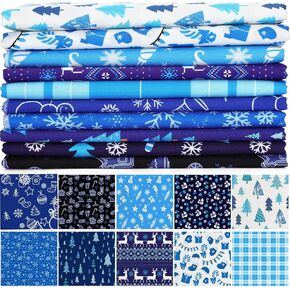 Hicarer 50 Pcs 5 x 5 Inch Christmas Cotton Fabric Square Fat Quarters Bundles Blue White Winter Snowflake Reindeer 10 Different Patterns Patchwork Quilting Squares for DIY Crafts Sewing
