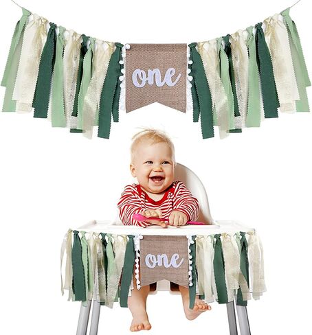 Buryeah One Highchair Banner 1st Birthday Highchair Banner 80 inch for Girls Boys Birthday Party Supplies Cake Photo Props Baby Shower Garland(Green Tan) in Kuwait