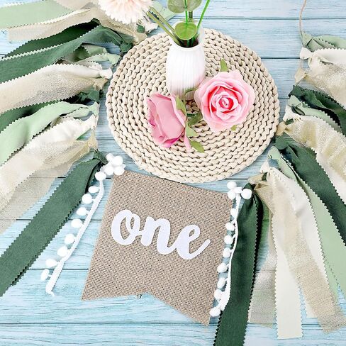 Buryeah One Highchair Banner 1st Birthday Highchair Banner 80 inch for Girls Boys Birthday Party Supplies Cake Photo Props Baby Shower Garland(Green Tan) in Kuwait