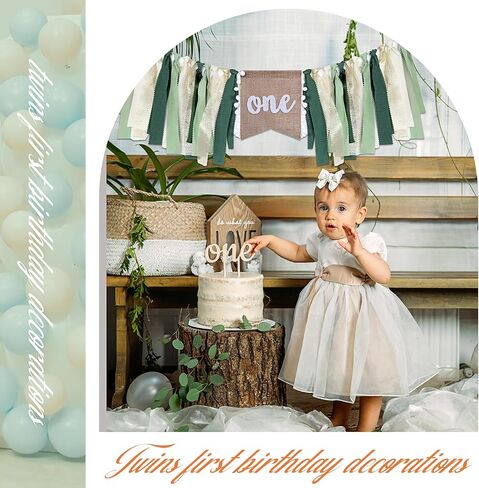 Buryeah One Highchair Banner 1st Birthday Highchair Banner 80 inch for Girls Boys Birthday Party Supplies Cake Photo Props Baby Shower Garland(Green Tan) in Kuwait