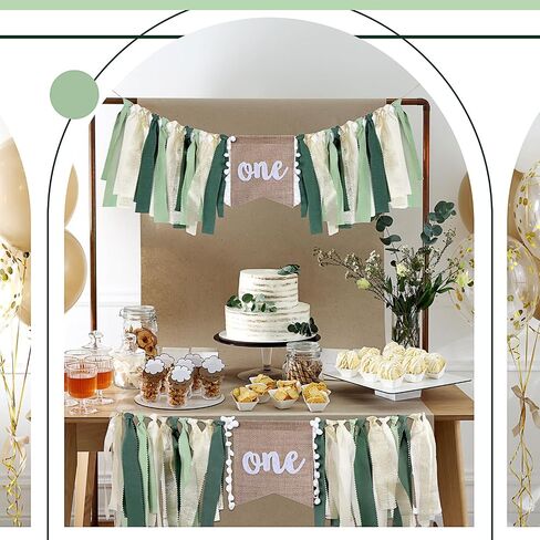 Buryeah One Highchair Banner 1st Birthday Highchair Banner 80 inch for Girls Boys Birthday Party Supplies Cake Photo Props Baby Shower Garland(Green Tan) in Kuwait