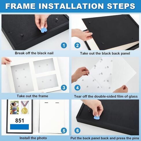 17 × 12.5 بوصة 3 في 1 الظل مربع عرض ميدالية إطار صورة طقم ميدال إطار عرض العلبة العدائين الترياتلون وركض مريلة للسباق الفائز بسباق السباق (أسود) in Kuwait