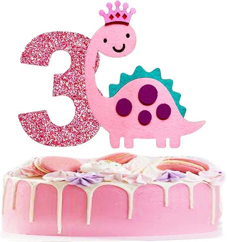 Beoxagar Baby Girl Pink Dinosaur Cake Topper ، Dinosaur 3rd Cake Topper ، Dinosaur 3 Years Birthday Party Supplies. in Kuwait
