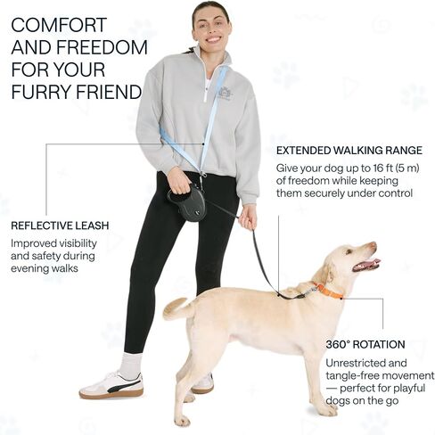 Long Retractable Dog Leash for Large Dogs - Heavy Duty, No Tangle, One-Handed Break, Pause, Lock - Reflective Pet Lead with Shoulder Strap, Foldable Bowl, Poop Bag - 16.4 Ft, Large, Blue and Black in Saudi Arabia