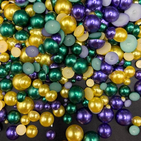 1450PCS Flat Back Pearls for Crafting, 3-14mm Half Round Loose Pearls Gems Beads for Jewlery, Shoes, Cup, Wedding, Decor Hair, Nail Art Decoration, Yellow/Green/Purple Color in Saudi Arabia