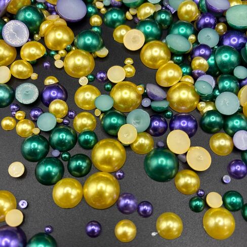 1450PCS Flat Back Pearls for Crafting, 3-14mm Half Round Loose Pearls Gems Beads for Jewlery, Shoes, Cup, Wedding, Decor Hair, Nail Art Decoration, Yellow/Green/Purple Color in Saudi Arabia