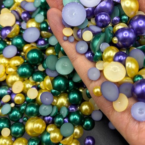 1450PCS Flat Back Pearls for Crafting, 3-14mm Half Round Loose Pearls Gems Beads for Jewlery, Shoes, Cup, Wedding, Decor Hair, Nail Art Decoration, Yellow/Green/Purple Color in Saudi Arabia