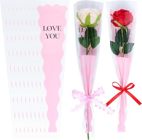 Hmxpls 50 Pcs Single Rose Sleeve Flower Sleeves Bouquet Bags Wrapping Bags Packaging Bags for Mother's Day Graduation Wedding Birthday Valentine's Day Party (White) in Kuwait