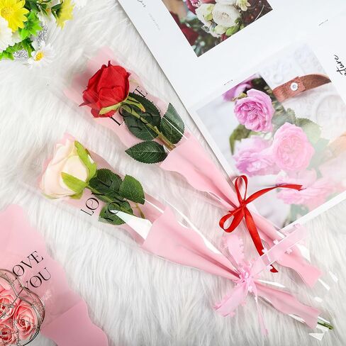 Hmxpls 50 Pcs Single Rose Sleeve Flower Sleeves Bouquet Bags Wrapping Bags Packaging Bags for Mother's Day Graduation Wedding Birthday Valentine's Day Party (White) in Kuwait