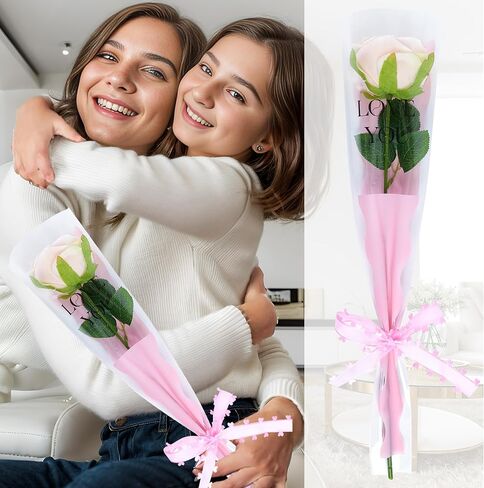 Hmxpls 50 Pcs Single Rose Sleeve Flower Sleeves Bouquet Bags Wrapping Bags Packaging Bags for Mother's Day Graduation Wedding Birthday Valentine's Day Party (White) in Kuwait