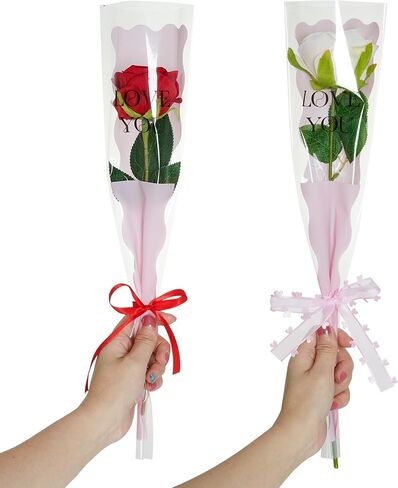 Hmxpls 50 Pcs Single Rose Sleeve Flower Sleeves Bouquet Bags Wrapping Bags Packaging Bags for Mother's Day Graduation Wedding Birthday Valentine's Day Party (White) in Kuwait