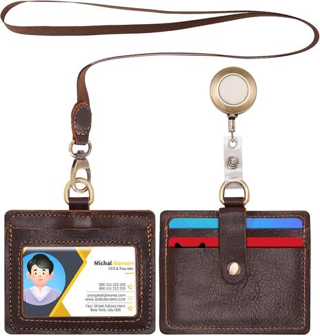 Wonderpool Leather Horizontal Badge Holder with Detachable Neck Lanyard and Retractable Badge Reel Clip, Card Slots Case ID Card Holder for ID Badges Card and Driver Licence (Black) in Saudi Arabia