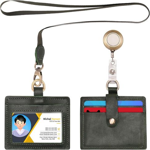 Wonderpool Leather Horizontal Badge Holder with Detachable Neck Lanyard and Retractable Badge Reel Clip, Card Slots Case ID Card Holder for ID Badges Card and Driver Licence (Black) in Saudi Arabia