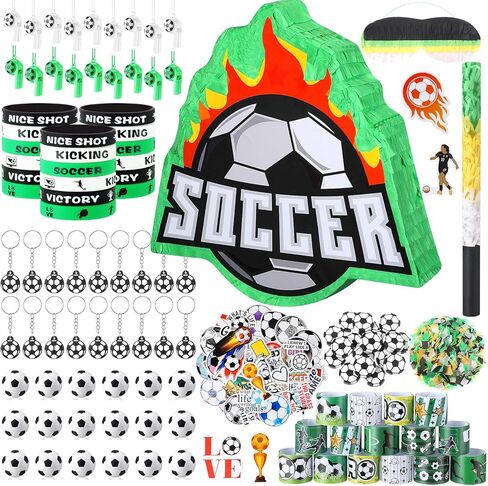 162 Pcs Soccer Piñata Soccer Party Favors with Blindfold Confetti Bat Mini Stress Balls Keychains Wristbands Whistles Eraser Slap Bracelet Stickers Sports Piñata Birthday Party Decorations in Kuwait